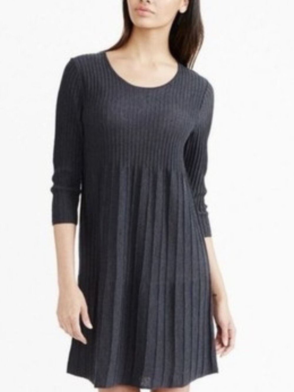 Eileen Fischer NWT 100% Wool Scoop Neck Ribbed Knit Swing Dress In Graphite XL